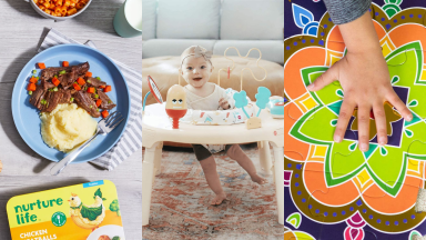(Left) A Nurture Life meal sits on a plate. (Center) A toddler bounces in an activity play station. (Right) A hand places a final puzzle piece.