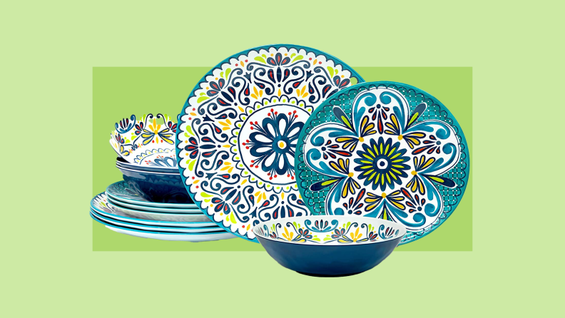 Colorfully patterned plates and bowl sets.