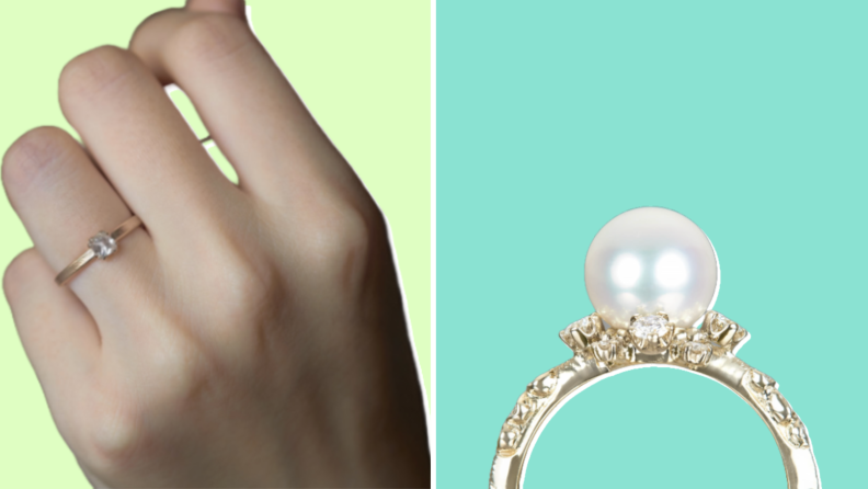 Collage of an engagement ring from Kataoka Jewelry shown worn on a finger and against a turquoise background.