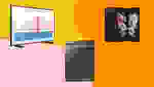 三星电视、洗碗机和手机以彩色为背景。
