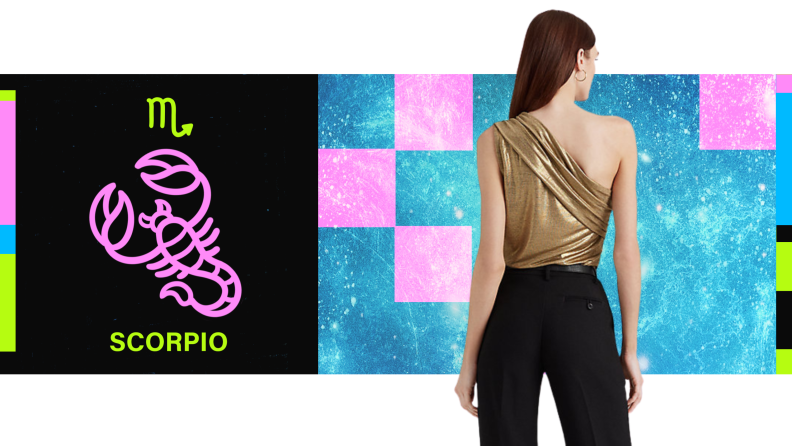 On the left is the symbol for Scorpio, and on the right is a model wearing a one-shoulder gold top.