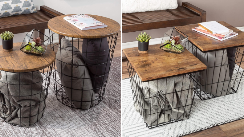 Two sets of basket tables, one round and one square, from Lavish Home.