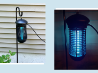 On left, bug zapper hanging outdoors next to home. On right, blue light lit up inside of bug zapper.