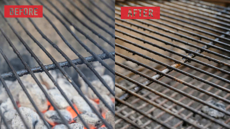 Two side by side images of a clean and dirty grill