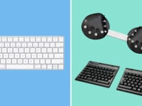 The KINESIS Freestyle2 Ergonomic Keyboard, CharaChorder One, and Apple Magic Keyboard next to each other on a blue and green background.