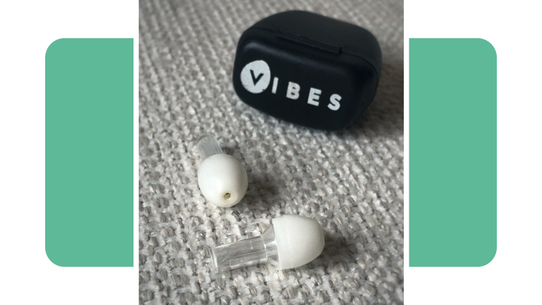 Vibes earplugs next to black carrying case.