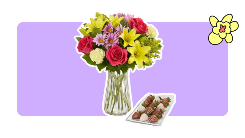 A vase full of a flowers and a plate of chocolate-drizzled strawberries
