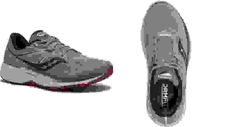 一双灰色的Saucony Omni网眼跑鞋。