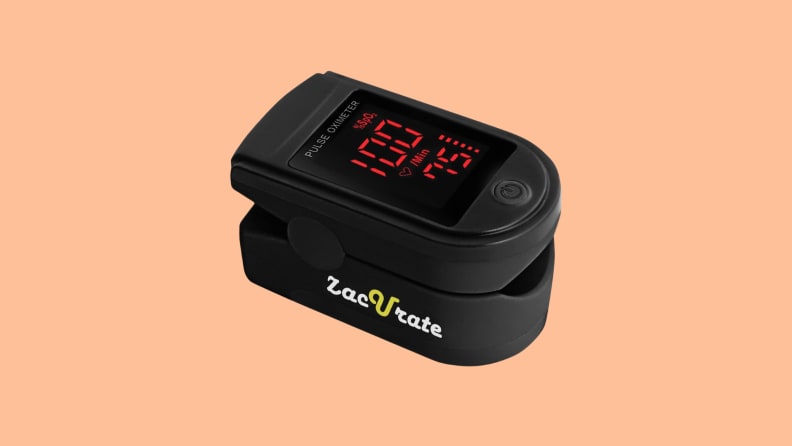The Zacurate Pro Series 500DL Fingertip Pulse Oximeter with the LED screen on.