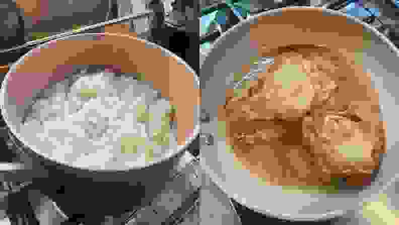 On left, cooked white rice inside of pot without lid. On right, two chicken breasts being seared inside of nonstick skillet pan.