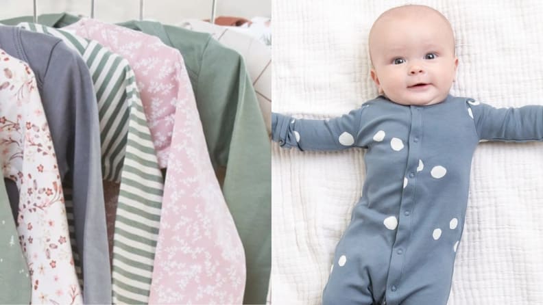 On left, assorted children's clothing hanging up in closet.  On right, infant wearing blue and white spotted onesie.