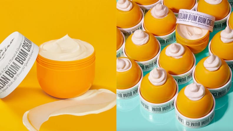 On left, yellow lemon shaped container holding moisturizer in front of yellow background. On right, multiple lemon shaped containers in front of yellow and blue backgrounds.