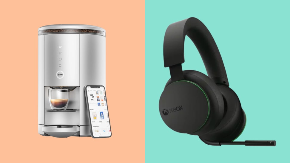 A split image: On the left, a silver Spinn Coffee Maker. To the right, a black wireless Xbox headset.