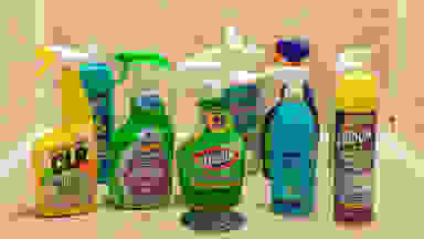 An array of shower cleaners, situated in a small shower around a drain.