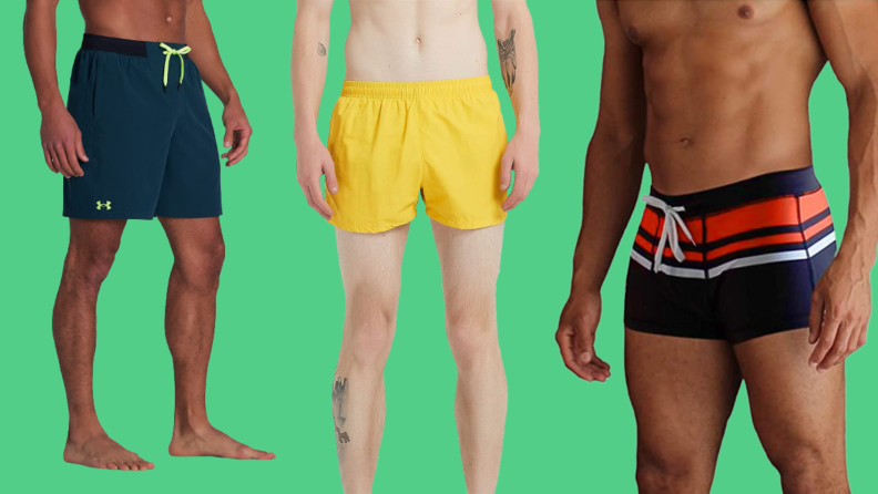 Three men's swimsuits: One in green, one in yellow, and a speedo with a stripe.