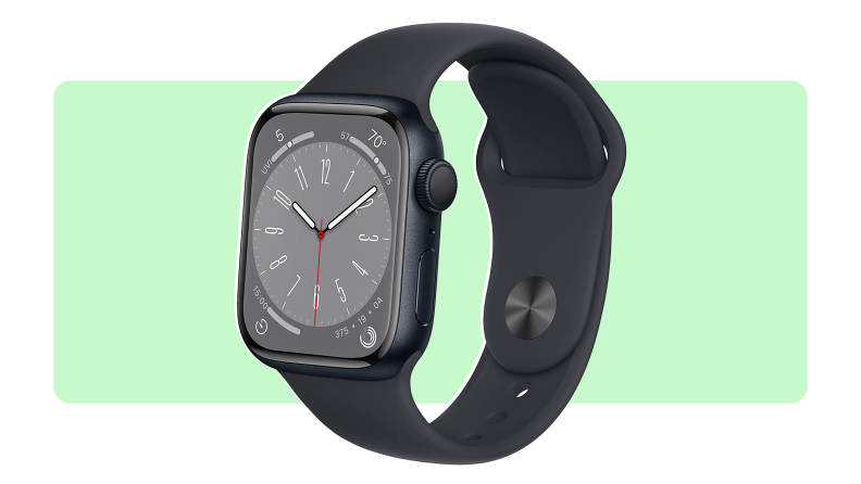 Product shot of the Apple Watch with black band.