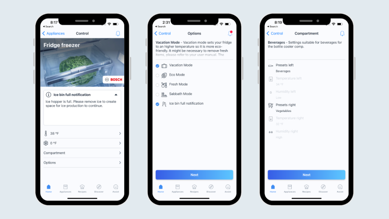 Three smartphones feature different control settings via the Home Connect app for the freezer's temperature.