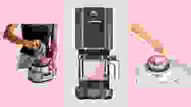 Left to right: person using the Ninja Smoothie Maker, Ninja Creami filled with strawberry ice cream, hand removing ice cream from Breville ice cream machine