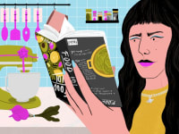 Cartoon of person in kitchen looking at cook book next to newly gifted standing mixer.