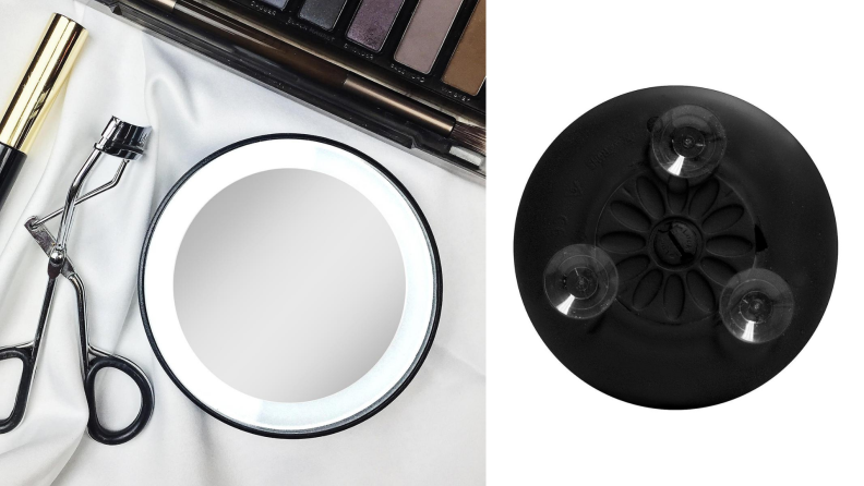 On left, LED spotlight cosmetic mirror next to eyelash curler and eyeshadow palette. On right, three suction cups on the back of LED spotlight mirror.