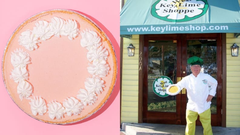 Left: A pastel pink Strawberry Key Lime Pie topped with whipped cream on a pink background. Right: A portrait of pie shop owner, Kermit Carpenter, wearing green pants and a white chef's coat outside of his shop.