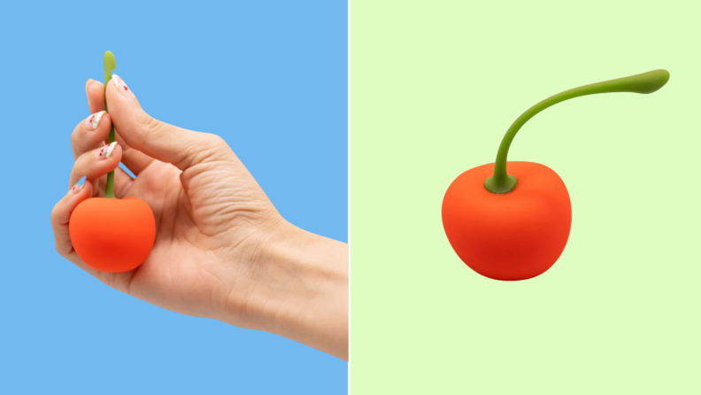 A photo collage of a hand holding the Cherry Emojibator by its stem, next to the Cherry Emojibator alone.