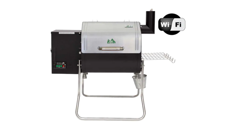 An image of a portable, pale steel pellet grill.