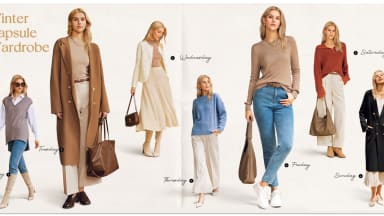 Magazine spread with a blonde woman modeling 7 different winter outfits in beige, blue, black, and red