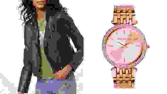 On left, person wearing olive green t-shirt and black leather jacket. On right, rose gold watch