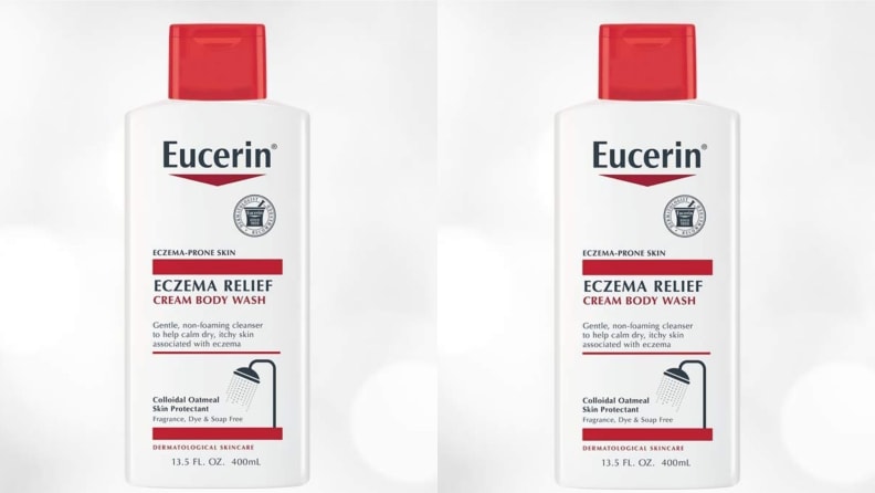 Two bottles of body lotion side by side on a gray background