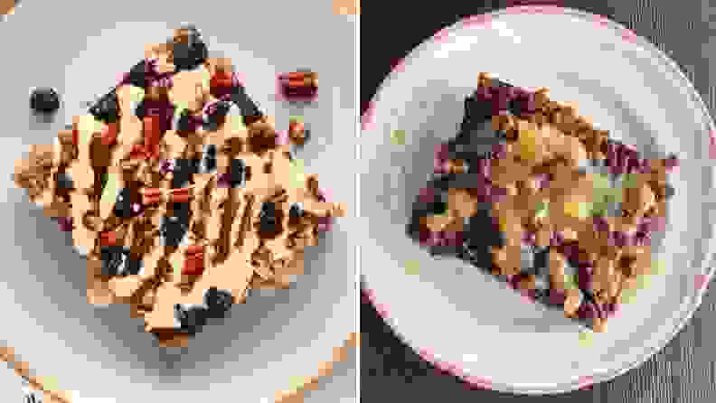 On left, RealEats photo of baked blueberry oatmeal shot from above. On right, Reviewed's photo of the same product from the same angle.