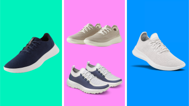 Colorful collage of popular sneakers featured in the Allbirds sale, including lightweight knit and wool styles for summer.