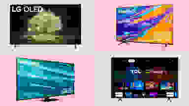 A grid of four TVs with alternating grey and pink backgrounds. An LG OLED is in the top left, a Hisense LED in the top right, a TCL in the bottom right, and a Samsung QLED in the bottom left.