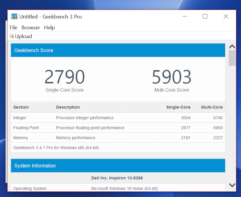 An example of the results of the Geekbench benchmark test.