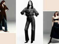 Three photos of Alexa Chung wearing clothes from the Madewell x Alexa Chung collection.