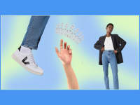 On left, person wearing jeans and one sneaker. In middle, hand reaching for crown. On right, person wearing black blazer, white t-shirt and blue jeans.