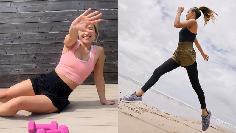 Two models working out while wearing the The Way Home Shorts in black and green.