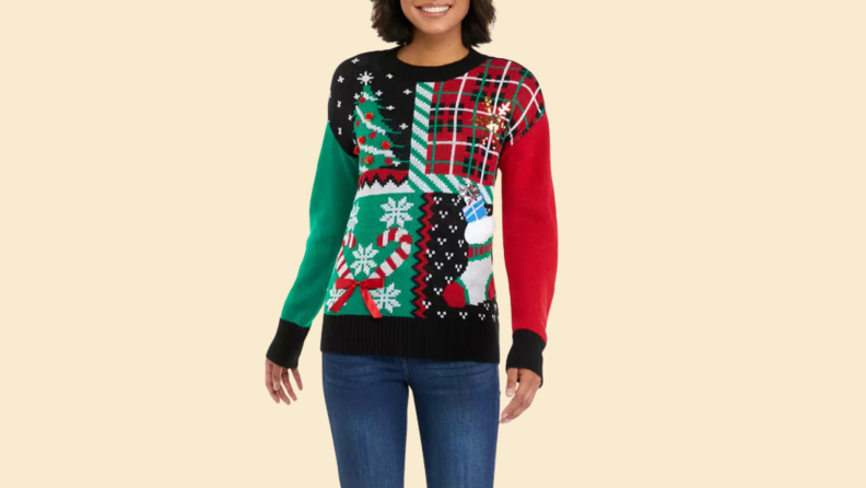 Collage of a woman wearing an ugly sweater featuring quartered illustrations.