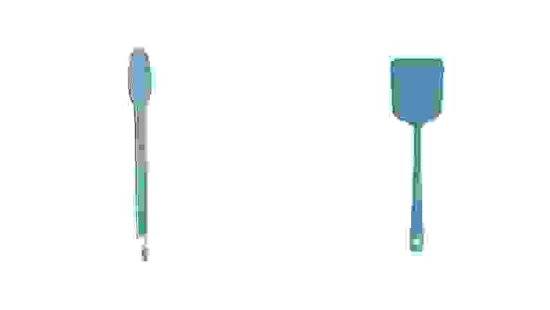 A teal silicone spatula and a matching pair of cooking tongs on a white background.