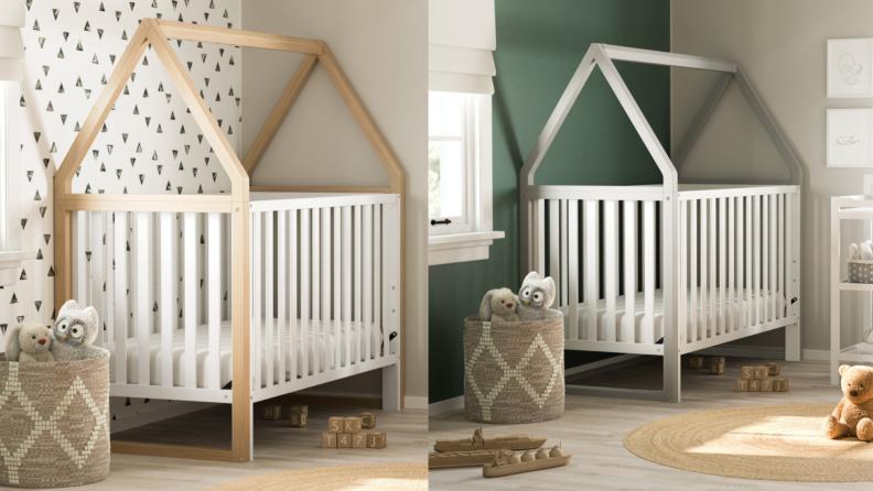 On left, tan 5-in-1 convertible crib in baby room next to stuffed animals in storage bin and baby blocks. On right, gray 5-in-1 convertible crib in baby room next to changing table, baby blocks, stuffed animals in storage bin.