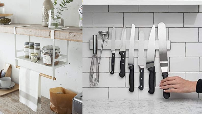 A hanging storage system hanging from an existing shelf. A magnetic bar installed onto a kitchen backsplash.