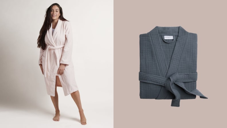 Left: Person wearing terrycloth bathrobe; Right: Folded waffle robe