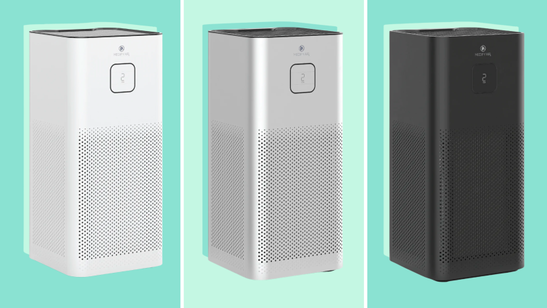 Three air purifiers in white, silver, and black colorways.