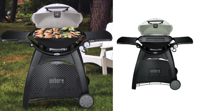 Two images of the same white grill, one with the lid open and the other with the lid closed.