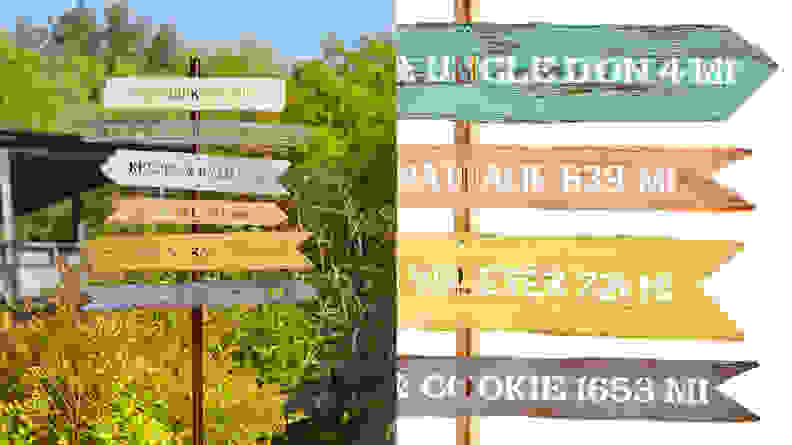 Colorful signpost with names of family members