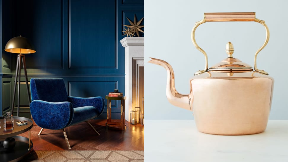 On left, vintage styled living room with blue walls. On right vintage copper round english tea kettle on white countertop.