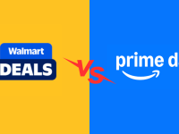 Split-screen graphic comparing Walmart Deals and Prime Day with a "vs" in the center, representing the Walmart Prime Day shopping showdown.