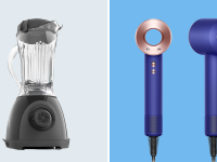 blender and dyson hair dryer on background