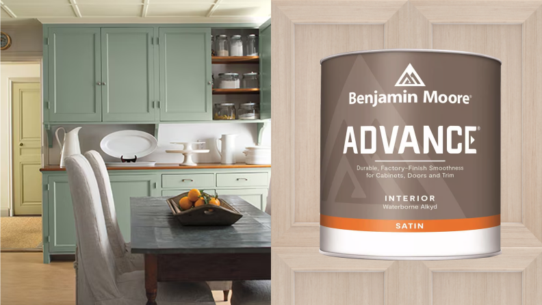 Left: A kitchen with green-painted cabinets; Right: A can of Benjamin Moore Advance Waterborne Interior Alkyd on a wood background