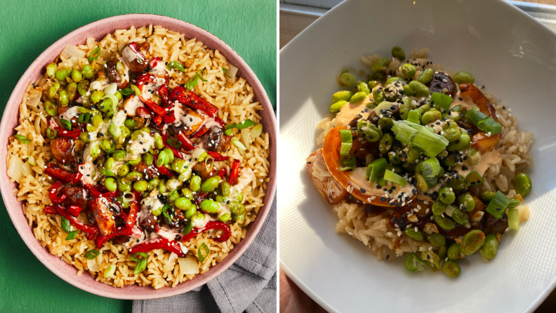 A professional and tester's side-by-side photos of Green Chef meals of rice and veggies.